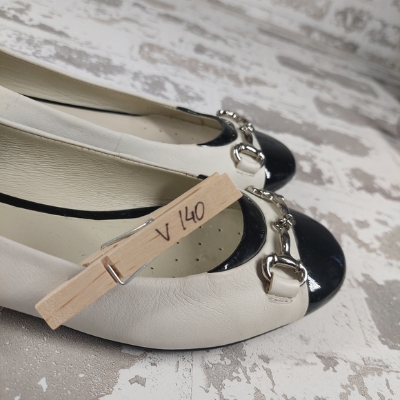 Geox Respira Black & White Leather Elizabeth Cap Toe Ballet Flats V140 - Picture 8 of 8